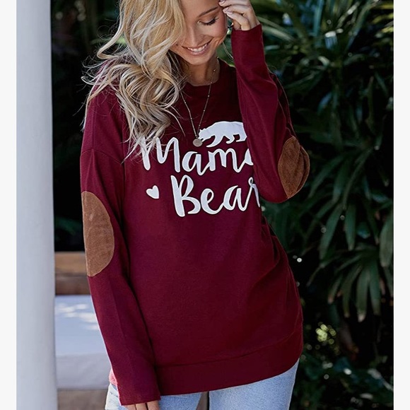 Tops - Womens Loose Crew Neck long Sleeve Patches Blouse Top Mama Bear